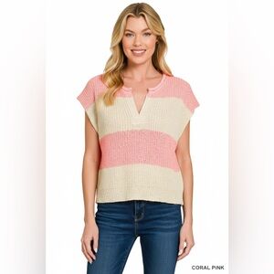 Zenana Split Neck Sleeveless Stripe Sweater